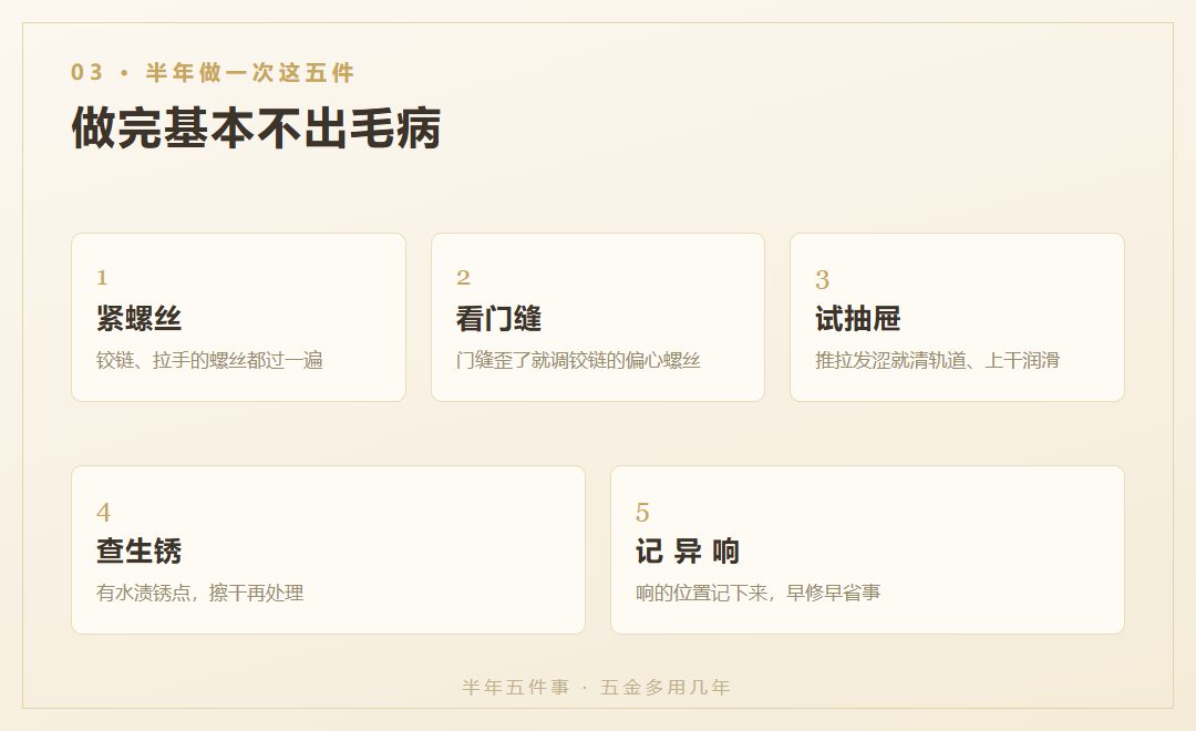 半年一次的五件保养动作:紧螺丝、看门缝、试抽屉、查生锈、记异响